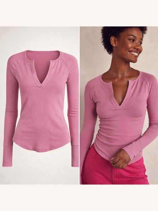 Intimately By Free People Tops - Free People | Pink Ribbed Long Sleeve Top | V-Neck Fitted | Size S